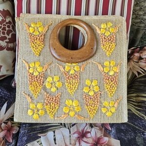 Vintage Woven Canvas Floral Front Wood Handle Bag
